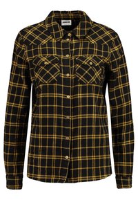 Zwarte en gele geblokte flanellen shirt met een klassieke kraag, twee borstzakken en een knoopsluiting aan de voorkant. Zachte stof en lange mouwen.