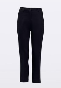 Black tailored trousers with a slim fit, featuring a button closure, belt loops, and side pockets. Smooth texture and minimal design details.