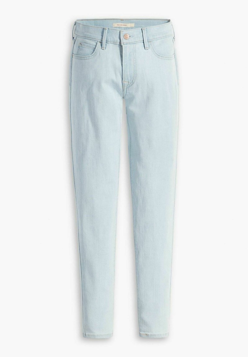 Jean en denim bleu clair avec une coupe ajustée, design à cinq poches, fermeture à bouton et texture délavée. Tissu doux et coutures nettes.