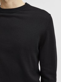 Black sweater with a crew neck, made of smooth fabric, featuring a fitted silhouette and ribbed cuffs for a subtle texture.