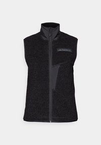 Black fleece vest with high collar, front zipper, textured fabric, and contrasting panel details. Features Terrex logo on the chest.