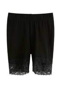 Sorte shorts med elastisk talje og blondekant i bunden, prydet med blomstermønstre og en glat stoftekstur.