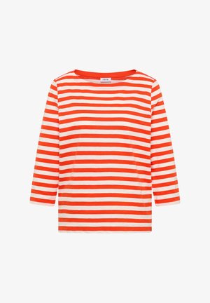 Camiseta de manga larga con rayas horizontales naranjas y blancas, cuello redondo y etiqueta "Cecil" en el interior del cuello.