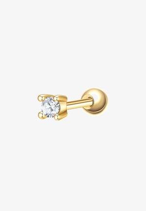 Gold stud earring featuring a round, clear gemstone secured in a four-prong setting, with a smooth ball backing.