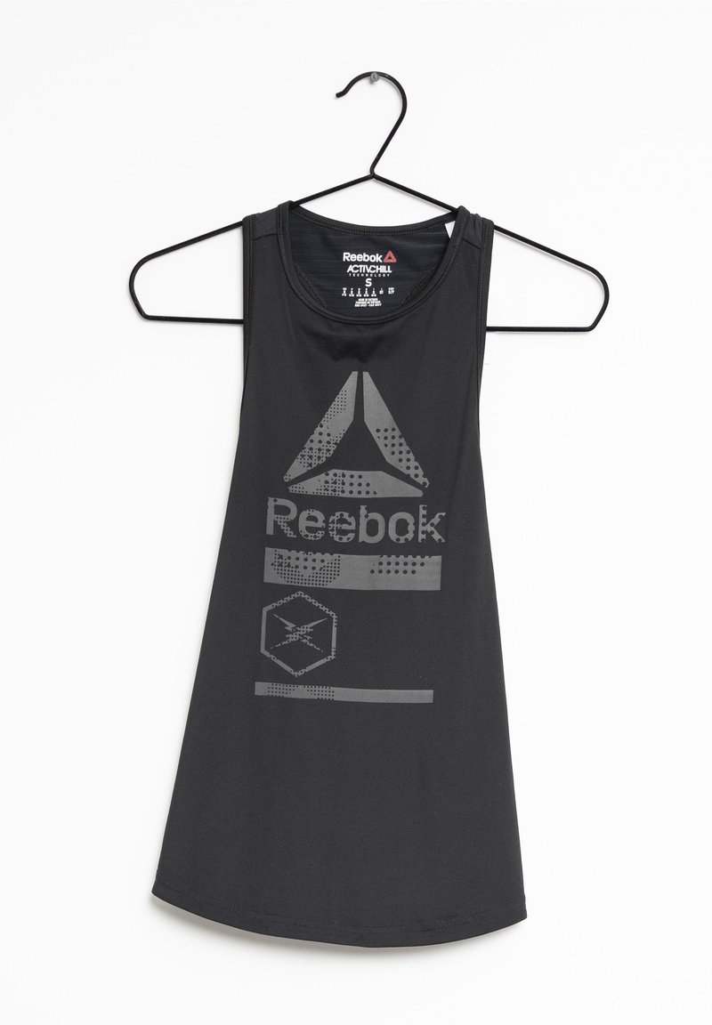 Svart ärmlös atletisk linne med Reebok-logotyp och geometriska mönster i grått, tillverkad av ett lätt, fukttransporterande tyg.