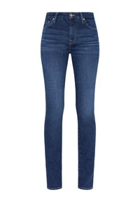Jean skinny en denim bleu foncé, avec une taille haute, un design classique à cinq poches et des coutures subtiles le long des coutures.