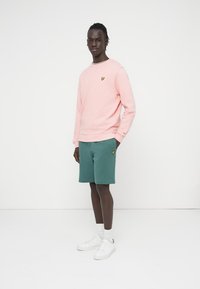 Ανοιχτό ροζ φούτερ με μικρό κίτρινο έμβλημα, συνδυασμένο με σορτς σε τιρκουάζ απόχρωση. Το μοντέλο φοράει λευκά αθλητικά παπούτσια και κάλτσες, στέκεται μπροστά σε απλό φόντο.