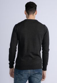 Dark gray sweater made of knit fabric with a crew neckline and ribbed cuffs. Shown from the back, featuring a relaxed fit.