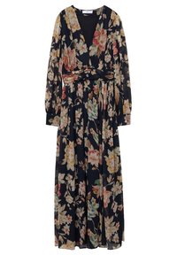 Long black dress with colorful floral patterns, long sleeves, V-neckline, and gathered waist.