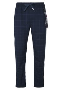 Pantalones de cuadros en azul marino con cintura elástica, cordones ajustables y bolsillos laterales. Tejido suave y corte recto.