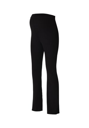 Zwarte geribbelde leggings met een aansluitend ontwerp, voorzien van een brede tailleband en een rechte snit. De stof lijkt zacht en rekbaar te zijn.