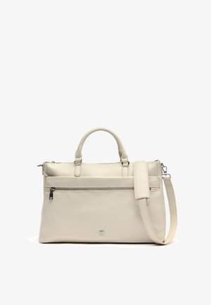 Bela usnjena torbica z dvema zgornjima ročajema in nastavljivim ramenskim trakom. Ima sprednji žep na zadrgo in vtisnjen logo. Gladek tekstura.