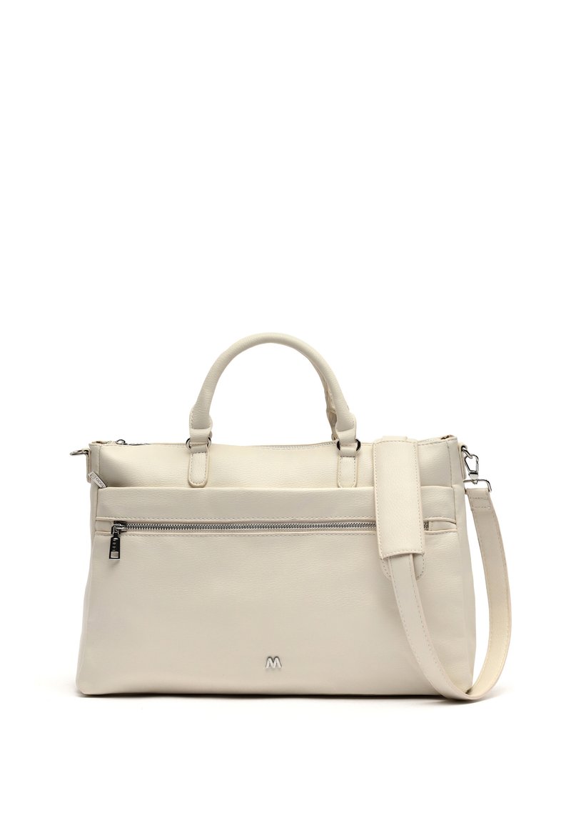 Balta odinė rankinė su dviem viršutinėmis rankenomis ir reguliuojamu peties diržu. Yra priekinis užtrauktukas kišenė ir iškilęs logotipas. Lygus paviršius.