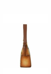 Bruine leren schoudertas met een platte bodem, gouden hardware, georiënteerde stofaccenten en een brede, gestructureerde schouderband.