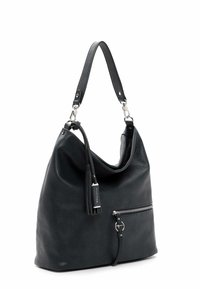 Borsa hobo in pelle nera con finitura testurizzata, tracolla regolabile, dettaglio con nappina e tasca frontale con zip.