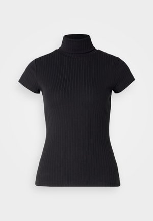 Black, short-sleeved turtleneck top made of ribbed fabric, featuring a slim fit and a high collar design. Simple and textured pattern.
