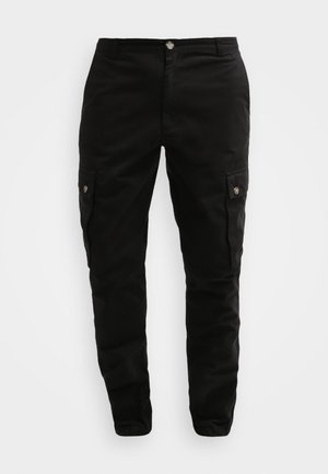 Black cargo pants made of durable fabric, featuring side pockets, a button closure, and a slim fit design. Smooth texture with minimal detailing.