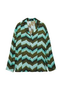 Camicia a maniche lunghe con motivo a zig zag verde, blu e nero, realizzata in tessuto leggero, con colletto morbido e chiusura con bottoni.