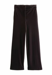 Weite Hosen aus weichem, dunklem Stoff mit elastischem Bund. Glatte Textur und minimale Nähte, die eine entspannte Passform bieten.