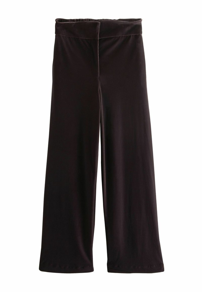Weite Hosen aus weichem, dunklem Stoff mit elastischem Bund. Glatte Textur und minimale Nähte, die eine entspannte Passform bieten.