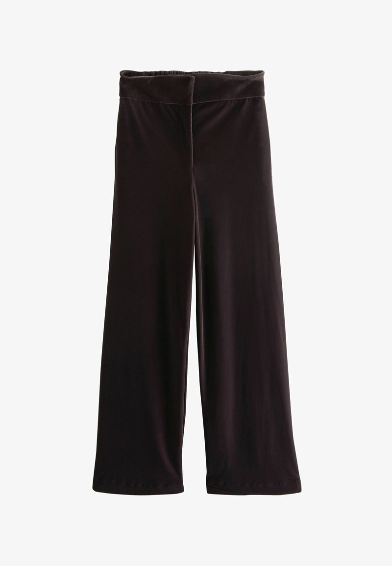 Wide-leg pants made of soft, dark fabric with an elastic waistband. Smooth texture and minimal stitching, offering a relaxed fit.