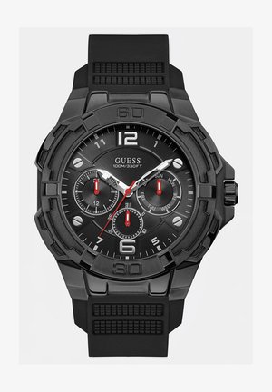 Sort analogur med en tekstureret gummirem, der har en sort urskive, hvide og røde timemarkører, tre underdials og kraftige metal accenter.