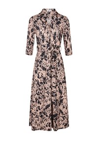 Abito camicia stampato in beige con motivo a macchie nere. Presenta un colletto, chiusura con bottoni, maniche a tre quarti, cintura in vita e silhouette ad A.