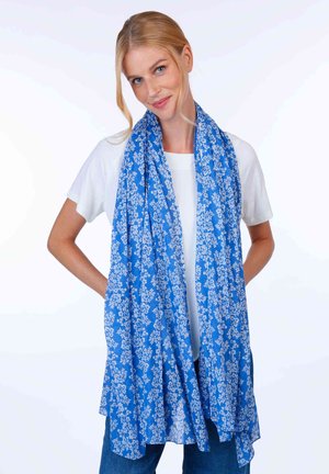 Bl scarf mit blauem Blumenmuster aus leichtem Material, das ein sich wiederholendes weißes Blumenmuster zeigt. Fällt locker um den Hals. Weiche Textur.