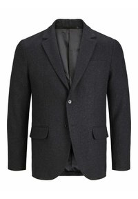 Blazer blu scuro realizzato in tessuto testurizzato, con chiusura a un bottone, rever a punta e due tasche frontali. Interno foderato di nero.