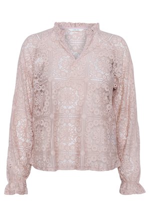 Čipkasta bluzica v nežno rožnati barvi, okrašena s cvetličnimi vzorci, z nabranim ovratnikom in elastičnimi manšetami za sproščen kroj.