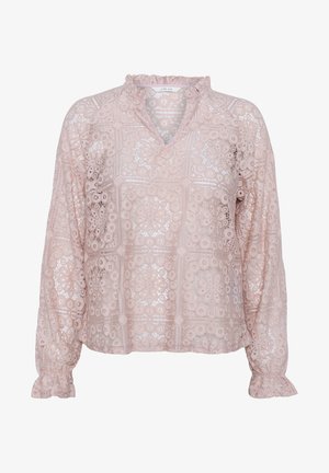 Čipkasta bluzica v nežno rožnati barvi, okrašena s cvetličnimi vzorci, z nabranim ovratnikom in elastičnimi manšetami za sproščen kroj.