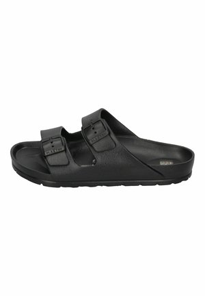 Black sandals with two adjustable straps, crafted from textured material, featuring a cushioned footbed and a sturdy rubber sole.