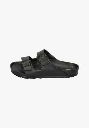 Black sandals with two adjustable straps, crafted from textured material, featuring a cushioned footbed and a sturdy rubber sole.