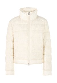 Steppjacke in Cremeweiß mit strukturiertem, gewebtem Körper, hohem Kragen, Reißverschluss und glatten Stoffakzenten. Zwei Seitentaschen vorhanden.