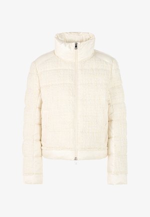 Steppjacke in Cremeweiß mit strukturiertem, gewebtem Körper, hohem Kragen, Reißverschluss und glatten Stoffakzenten. Zwei Seitentaschen vorhanden.