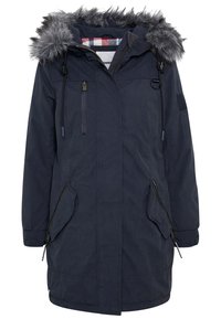 Parka d’hiver bleu foncé avec capuche bordée de fourrure, fermeture éclair frontale, poches zippées et doublure intérieure à carreaux visible au niveau du col.