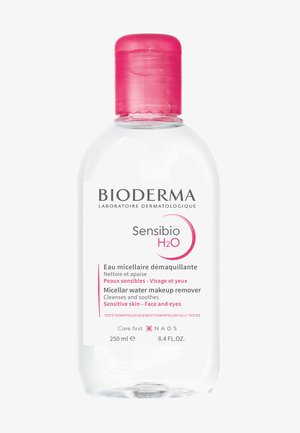 Clear plastic bottle with a pink flip-top cap, labeled "Bioderma Sensibio H2O," contains 250 ml of micellar water for sensitive skin.