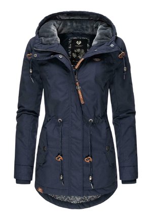 Navy blue parka jacket with a lined hood, drawstring waist, zippered front, and two side pockets. Features brown hardware and patterned lining.