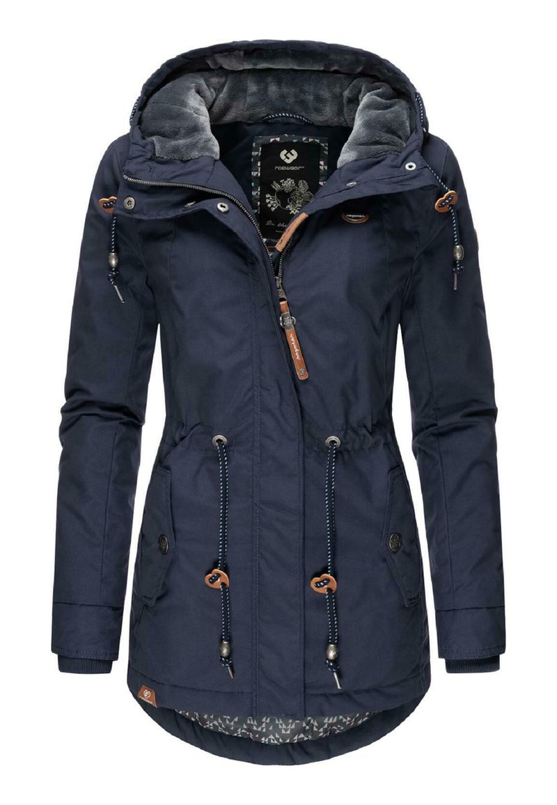 Giacca parka blu navy con cappuccio foderato, vita con cordoncino, zip frontale e due tasche laterali. Presenta accessori in bronzo e una fodera a fantasia.