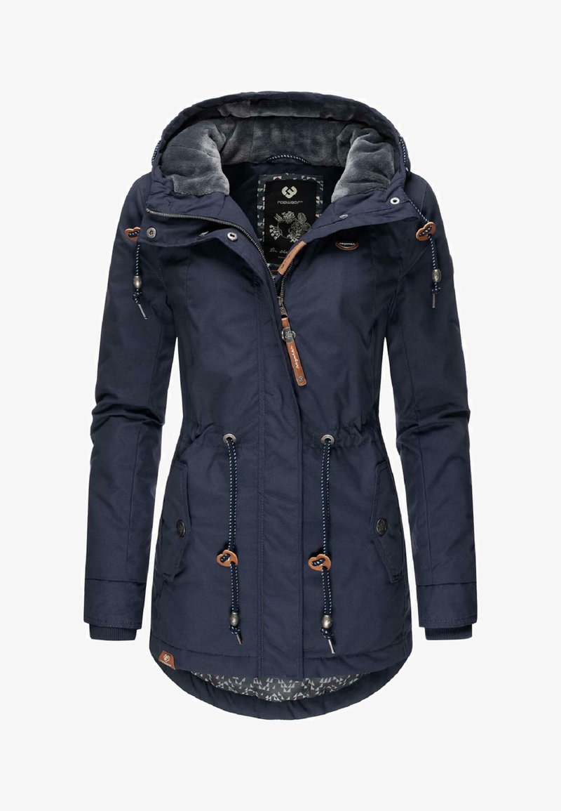 Marinblå parka jacka med fodrad huva, dragsko i midjan, dragkedja fram och två sidfickor. Har bruna detaljer och mönstrad foder.