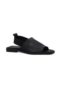 Schwarze Leder-Sandalen mit offener Zehenpartie, breitem Riemen, elastischer Knöchelstütze und strukturiertem Gummisohle für guten Halt.