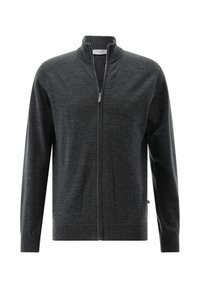 Dunkelgraue Strickjacke mit durchgehendem Reißverschluss, gerippten Bündchen und Saum, Stehkragen und silbernem Reißverschluss.