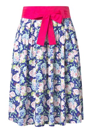 Gonna floreale al ginocchio con sfondo blu, fiori rosa e bianchi, pieghe e una larga cintura rosa vivace legata a fiocco.