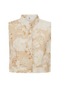 Blusa sin mangas floral en beige, con patrones florales blancos. Cuello clásico y cierre de botones en la parte delantera con un ajuste estructurado.