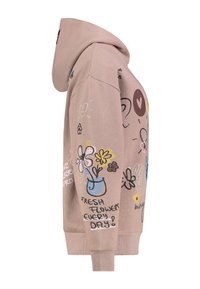 Hellbrauner Hoodie mit bunten Blumenillustrationen und dem Text "Frische Blumen jeden Tag!" an der Seite dargestellt.