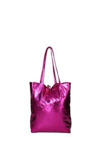 Glanzende metalen roze draagtas met twee handvatten, met een zachte textuur en een trekkoordsluiting aan de bovenkant voor extra veiligheid.