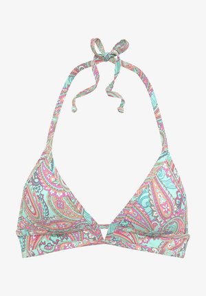 Dreieckiger Bikini-Oberteil aus mintgrünem Stoff mit bunten Paisley-Mustern, mit Neckholder-Bändern und einem dezenten Ausschnitt in der Mitte.
