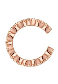 Náhrdelník z ružového zlata v tvare písmena "C", s radom stylizovaných, malých motívov rúk pozdĺž okraja, hladká textura a lesklý povrch.