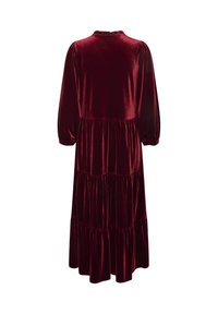 Robe midi en velours rouge profond à manches longues, jupe à volants, détails froncés et col montant vue de dos.