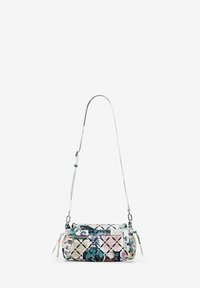 Mehrfarbige Handtasche aus Textil, mit Reißverschluss, verstellbarem Tragegurt und dekorativen Nähten in verschiedenen Farben.